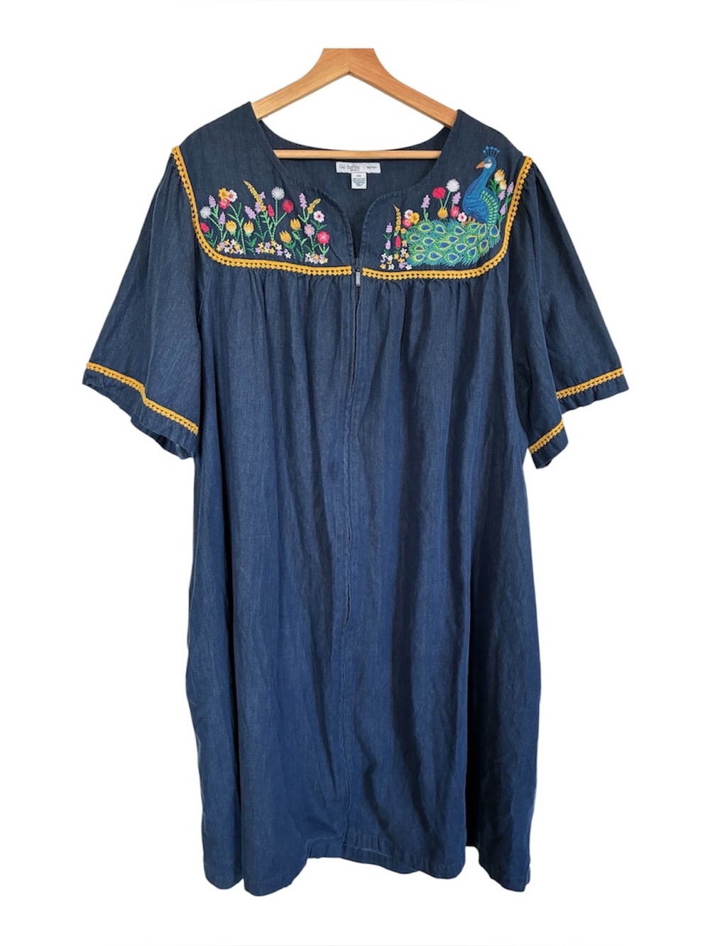Go Softly Patio Denim Peacock Floral Embroidered House Dress Mumu 3X